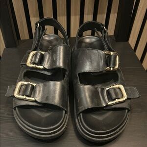 Alohas Black Sandals with Gold Buckles